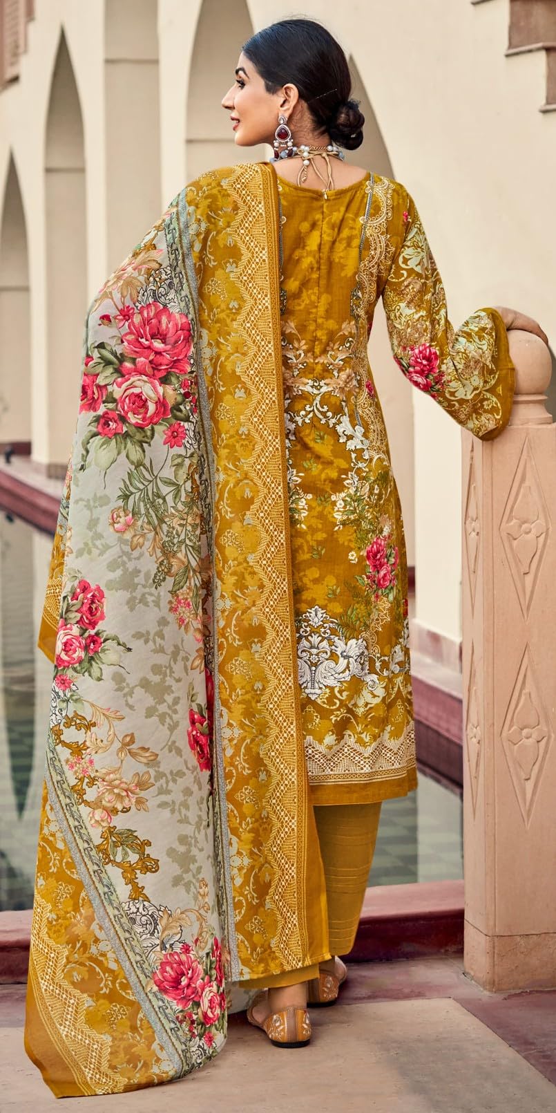 DRAVINAM Trends Lawn Cotton Pakistani Embroidered Suit Dress Material with Unstitched Bottoms and Cotton Dupatta
