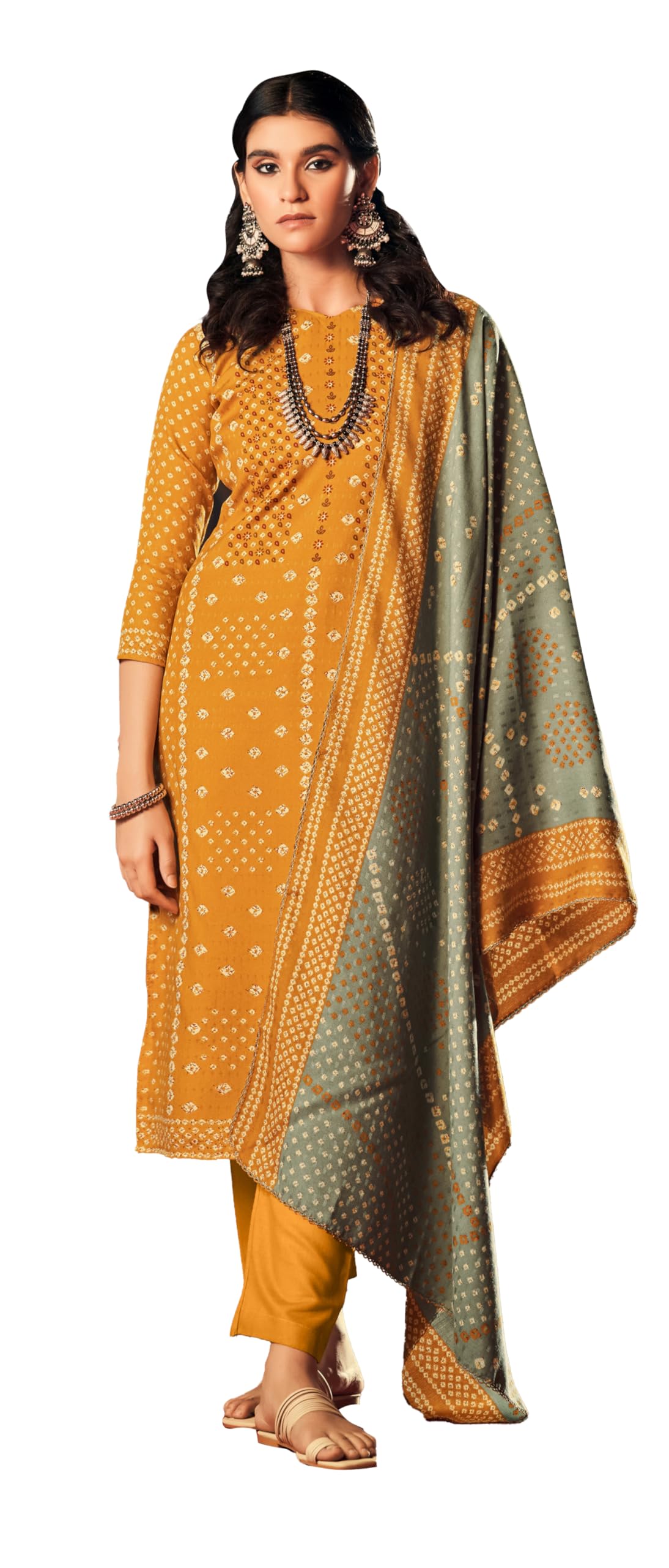 DRAVINAM Trends Women's Unstitched Bandhani Printed Woollen Pashmina Salwar Suit Dress Material with and Pashmina Printed Shawl Dupatta (Free Size_Yellow)