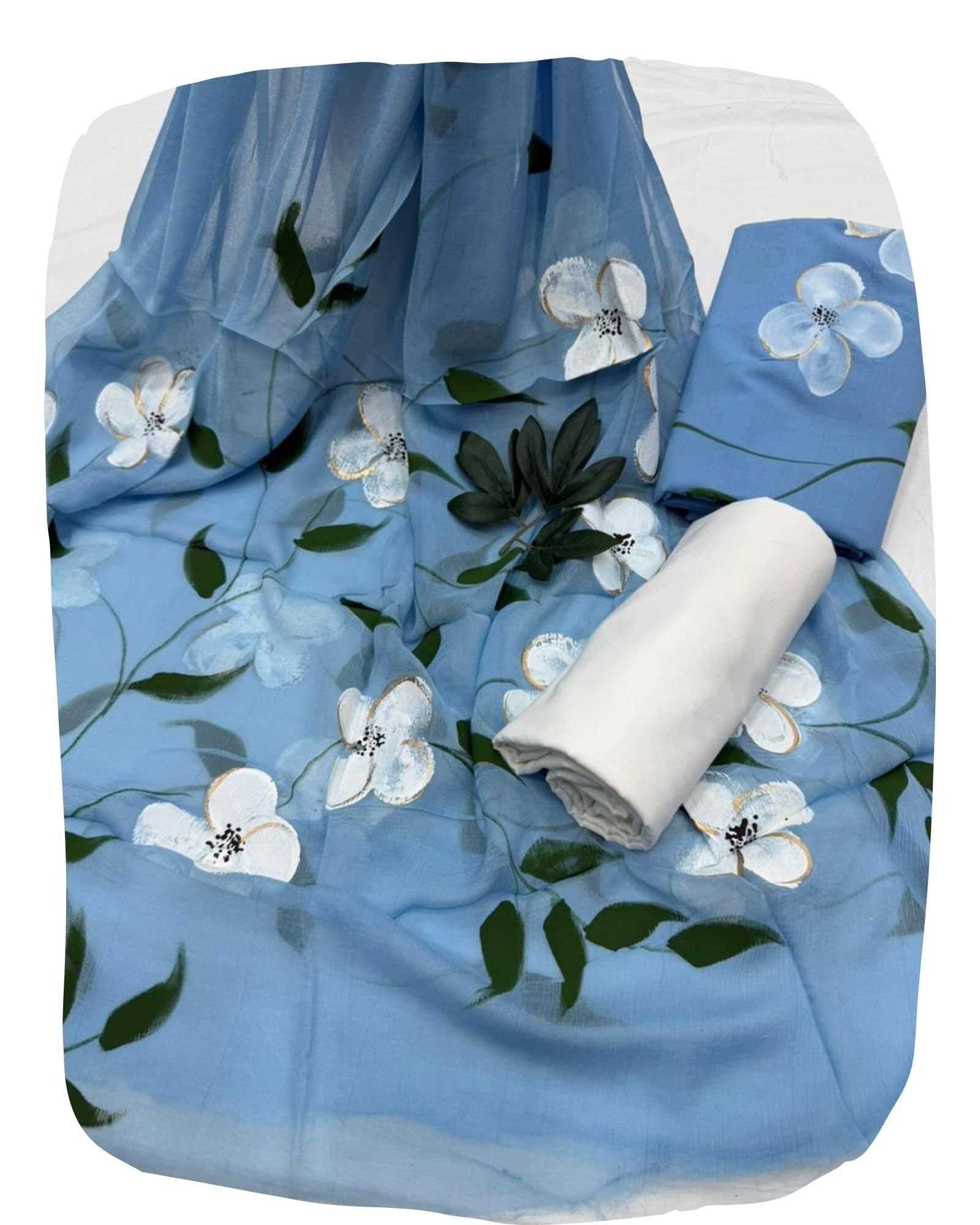 DRAVINAM Trends Women's Floral Hand Painted Unstitched Salwar Suit Dress Material with Pure Chiffon Dupatta (Blue & White)