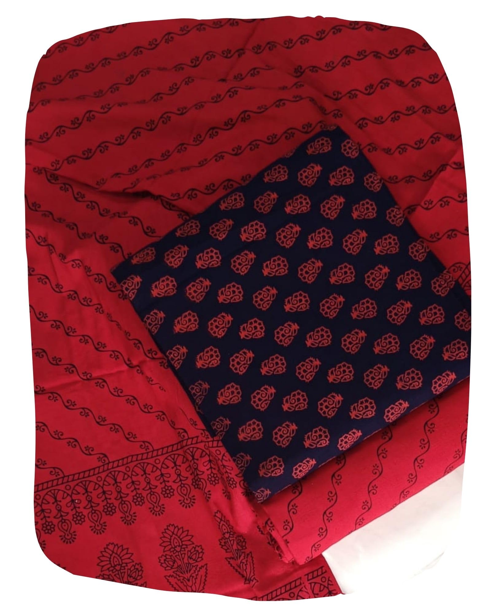 DRAVINAM Trends Women's Premium Cotton Unstitched Salwar Suit Dress Material Set | Traditional Rajasthani Gujari Block Print (Red & Mustard Yellow)