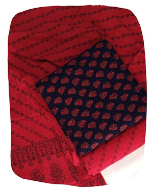 DRAVINAM Trends Women's Premium Cotton Unstitched Salwar Suit Dress Material Set | Traditional Rajasthani Gujari Block Print (Red & Mustard Yellow)