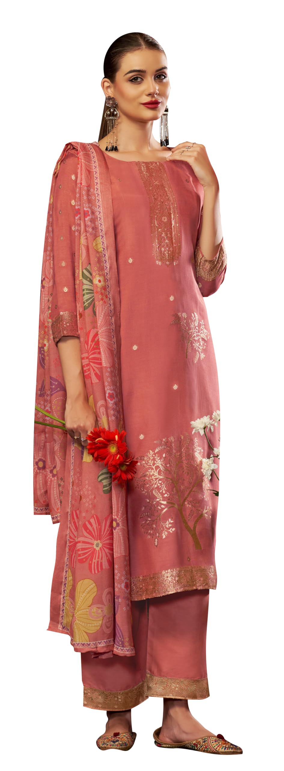 DRAVINAM Trends Women's Unstitched Maslin Salwar Suit Dress Material - Pure Bemberg Maslin Jacquard Kameez II Pure Jam Unstitch Bottoms II Viscose Maslin Digital Prints Dupatta