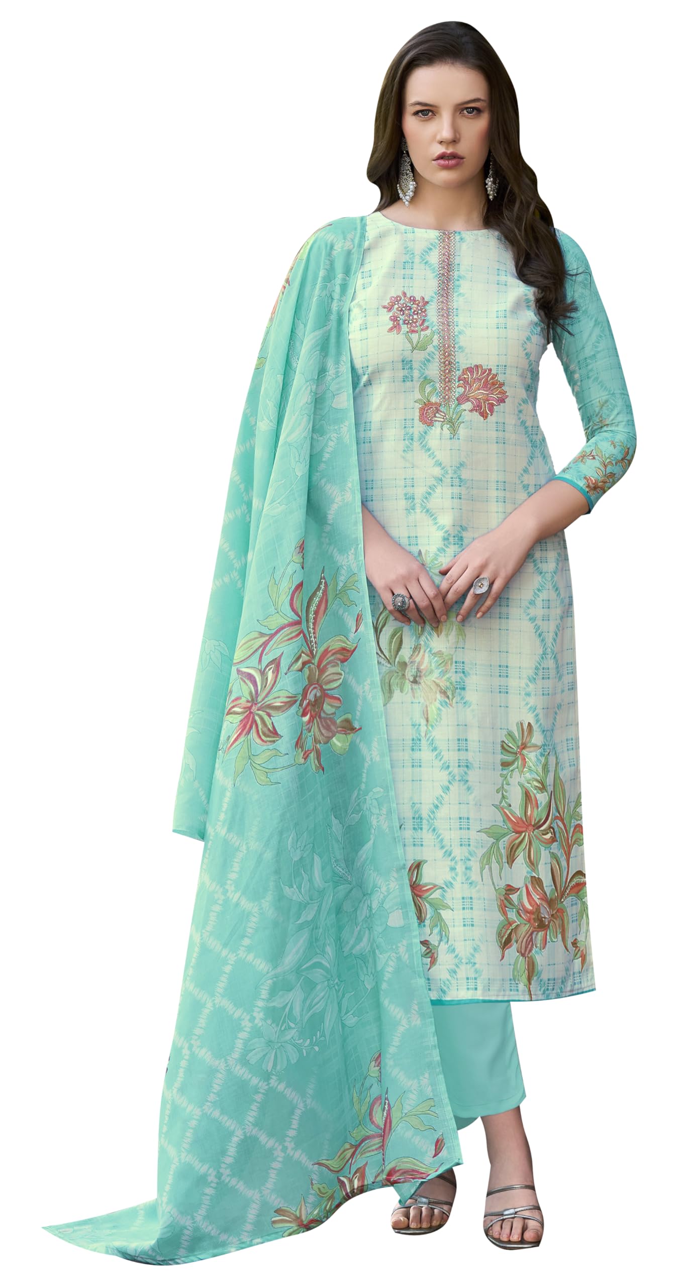 DRAVINAM Trends Women's Unstitched Salwar Suit Dress Material - Cotton Digital Printed Organza Embroidered Kameez II Unstitch Bottoms II Cotton Dupatta