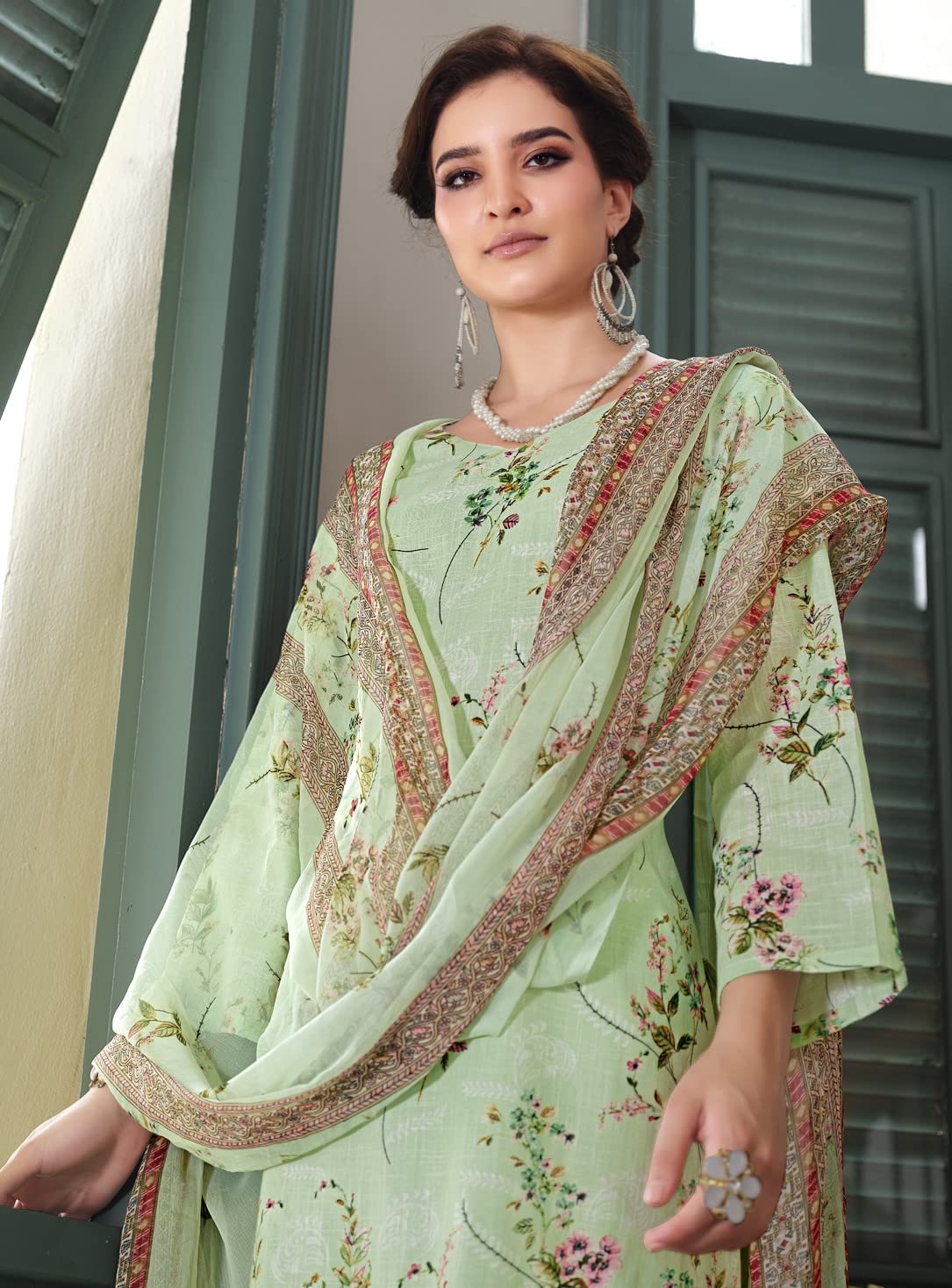 DRAVINAM Trends Unstitched Printed Embroidery Work Cotton Salwar Suits Dress Material with Chiffon Dupatta (Pink)