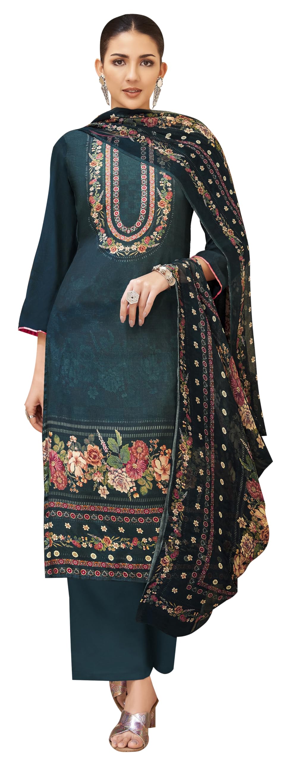 DRAVINAM Trends Women's Unstitched Viscose Maslin Hand Embroidered Suit Material - Viscose Maslin Digital Printed Hand Embroidered Kameez II Rayon Bottoms II Half Pure Digital Printed Dupatta