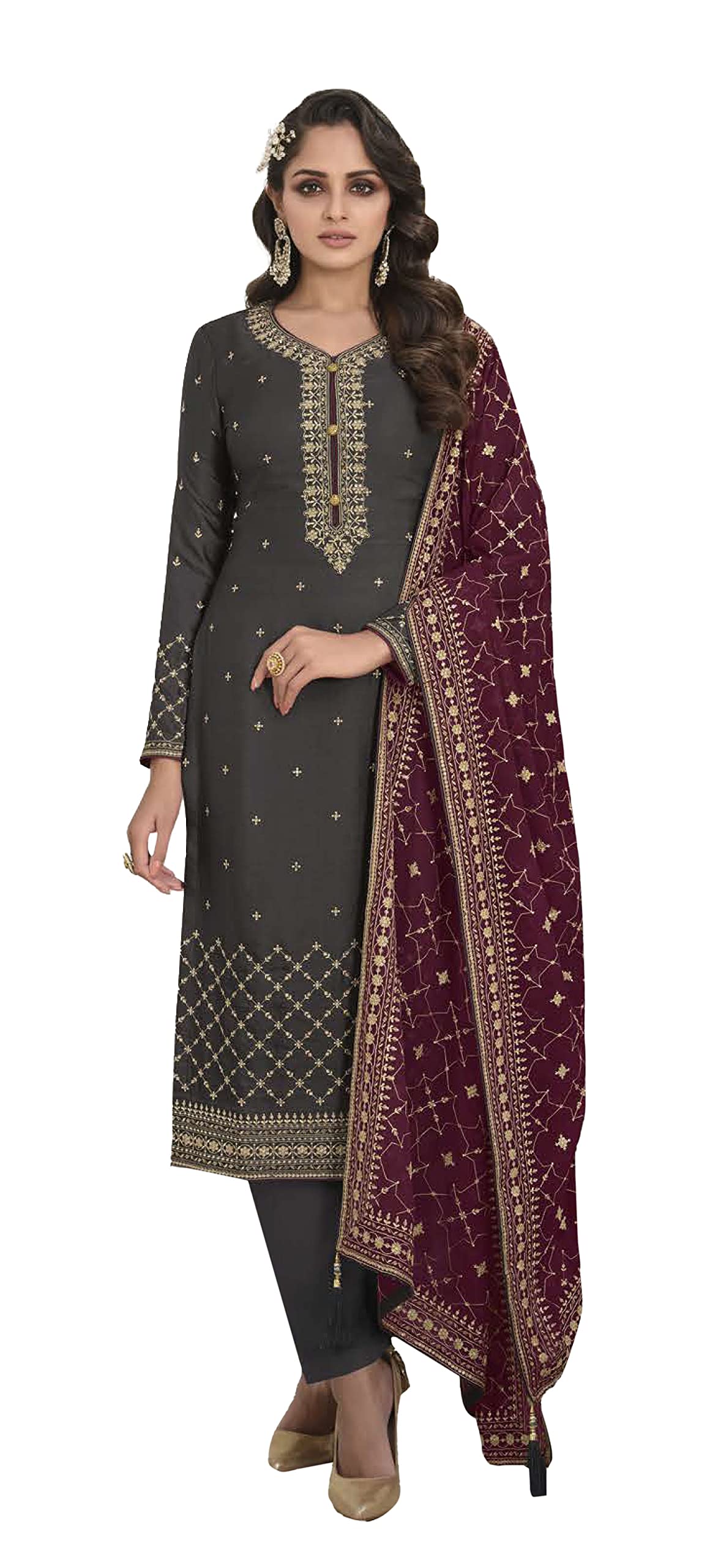DRAVINAM Trends Women's Sequence Embroidered Silk Unstitched Salwar Suit Dress Material with Sequence Embroidered Blooming Georgette Heavy Dupatta (Dark Grey)
