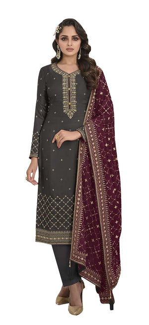 DRAVINAM Trends Women's Sequence Embroidered Silk Unstitched Salwar Suit Dress Material with Sequence Embroidered Blooming Georgette Heavy Dupatta (Dark Grey)