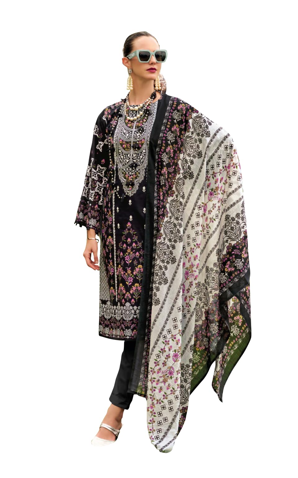 DRAVINAM Trends Kurti 2.50 mtrs, Pure Cotton (3 mtrs apx), Pure MAL MAL Cotton Dupatta Digital Print|Black 1