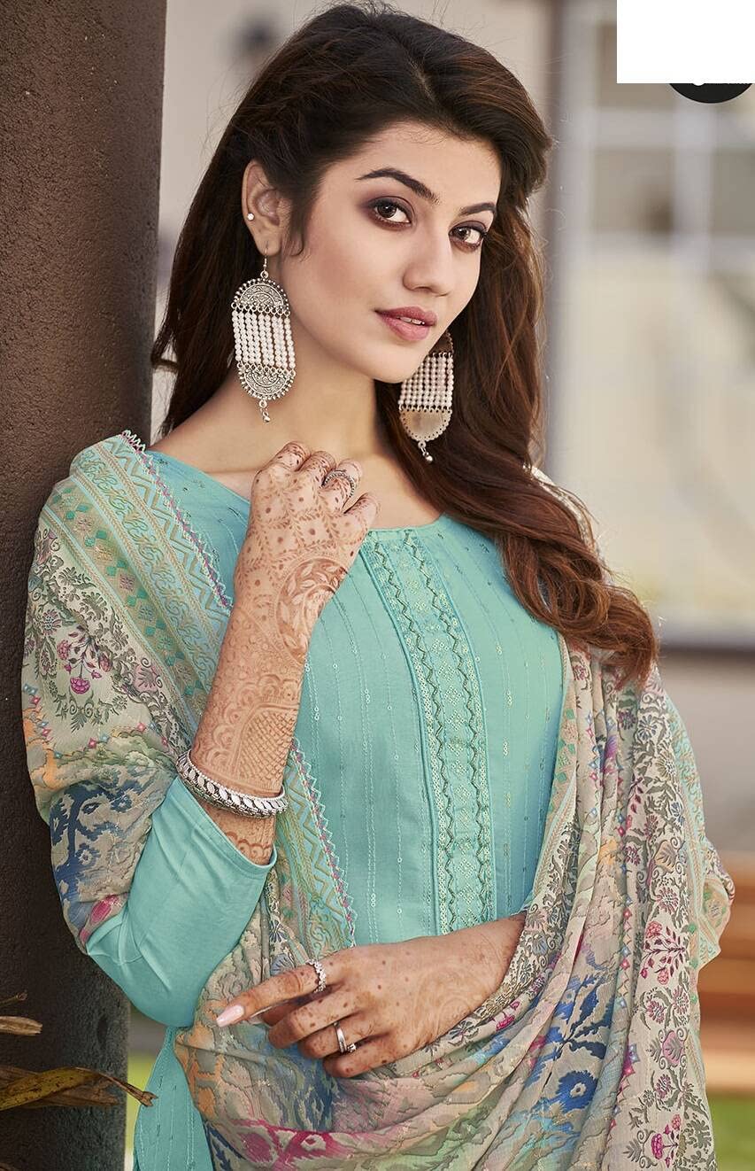 DRAVINAM Trends Women's Pure Viscose Upada Silk Sequence work Unstitched Salwar Suit Material with Pure Muslin Digital Print Sequence Dupatta (Free size_Pink)