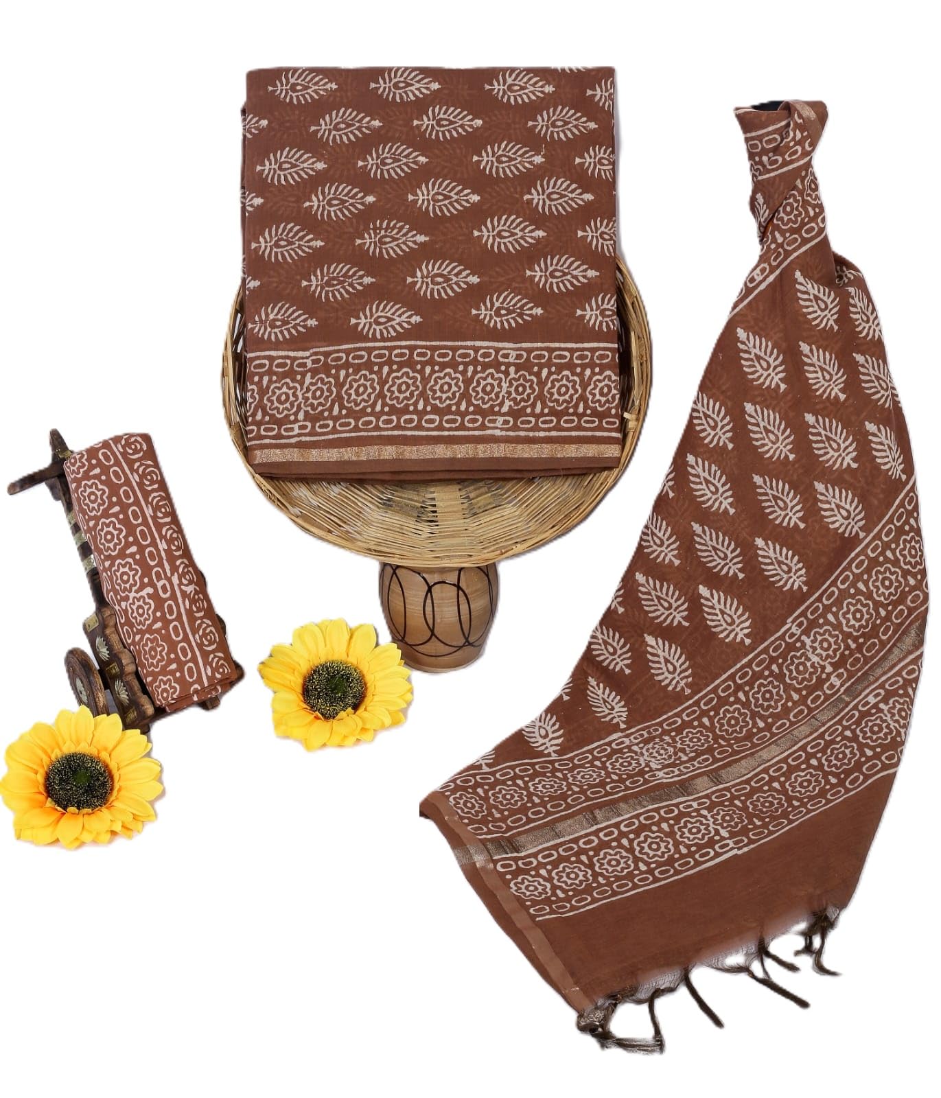 Women's Elegant Beige and Black Chanderi Block Printed Unstitched Salwar Suit Dress Material with Cotton Bottom & Zari Border Dupatta