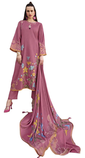 DRAVINAM Trends Women's Unstitched Salwar Suit Dress Material II Pure Jaam Silk Digital Print Hand Embroidered Kameez II Plain Unstitched Bottoms II Maslin Zari Bordered Dupatta