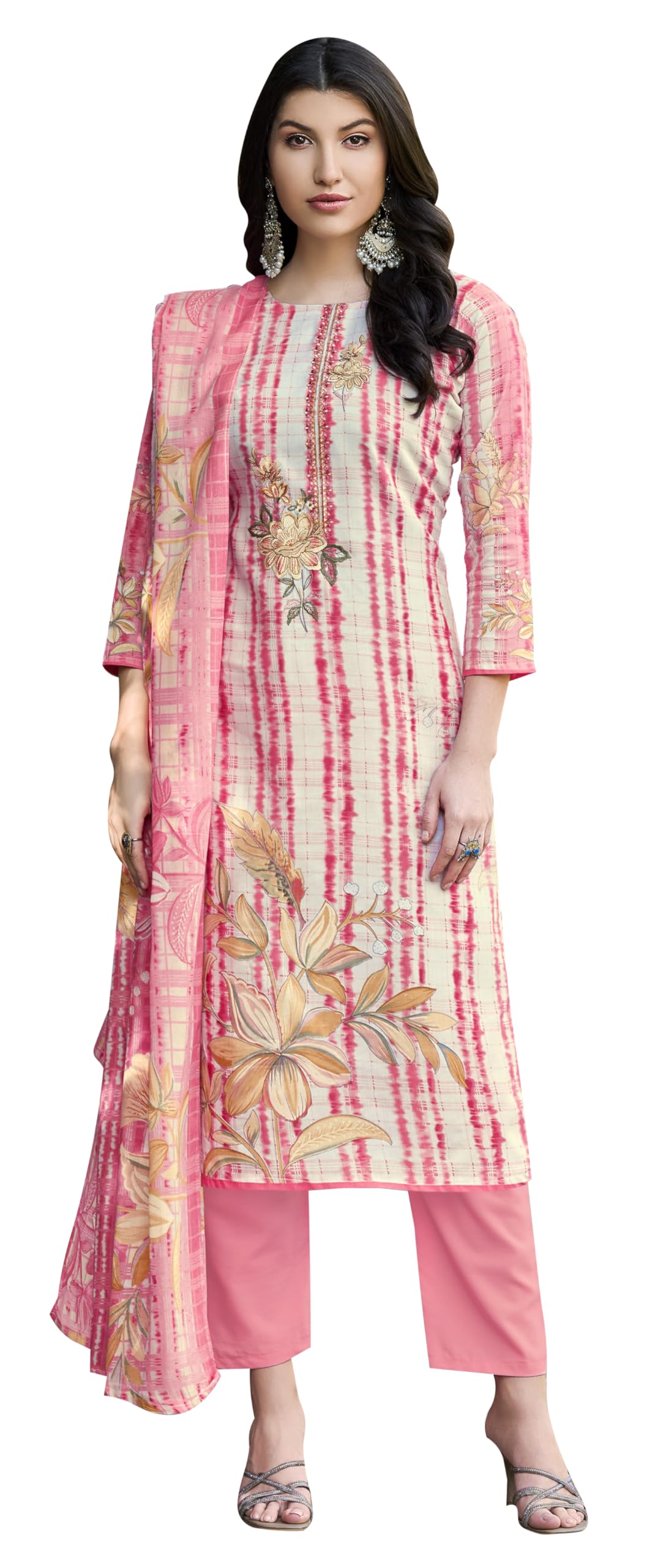 DRAVINAM Trends Women's Unstitched Salwar Suit Dress Material - Cotton Digital Printed Organza Embroidered Kameez II Unstitch Bottoms II Cotton Dupatta