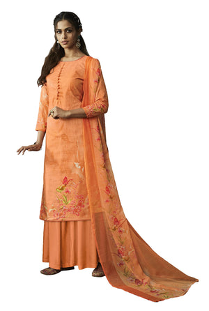 DRAVINAM Trends Women's Summer Wear Pure Linen Cotton Digital Printed Unstitched Salwar Suit Dress Material with Pure Nazneen Chiffon Printed Dupatta/Chunni (Peach)