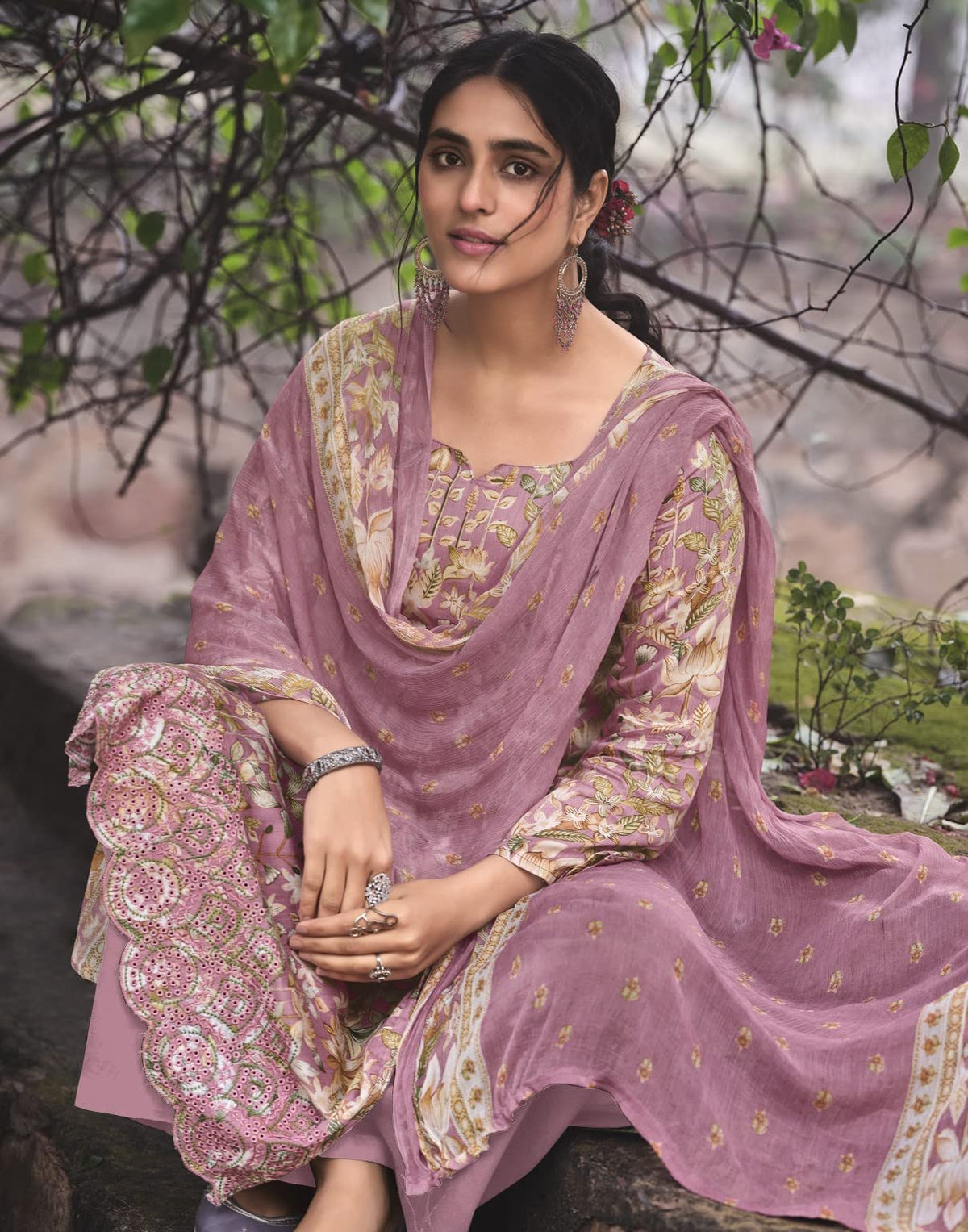 DRAVINAM Trends Unstitched Digital Printed Pure Cotton Embroidered Suit Set with Pure Bember Dupatta
