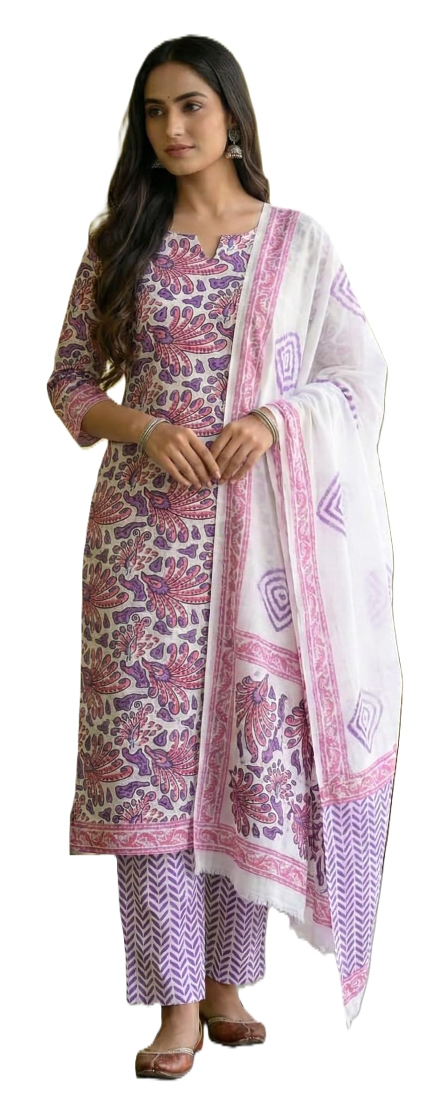 DRAVINAM Trends Hand Block Print Sanganeri Cambric Unstitched Cotton Suit Dress Material for Women with Mulmul Cotton Hand Printed Dupatta