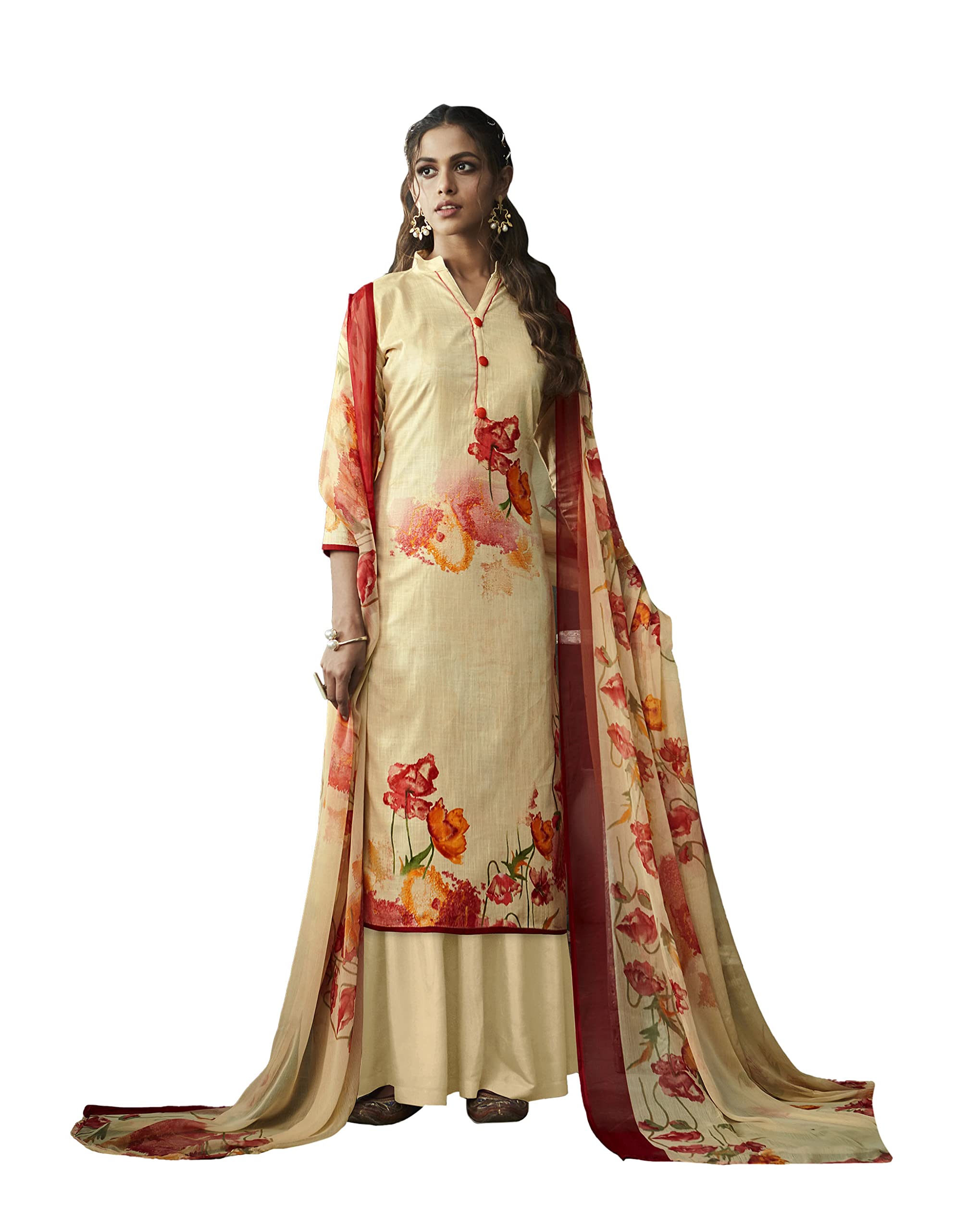 DRAVINAM Trends Women's Summer Wear Pure Linen Cotton Digital Printed Unstitched Salwar Suit Dress Material with Pure Nazneen Chiffon Printed Dupatta/Chunni (Peach)