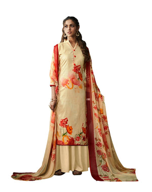 DRAVINAM Trends Women's Summer Wear Pure Linen Cotton Digital Printed Unstitched Salwar Suit Dress Material with Pure Nazneen Chiffon Printed Dupatta/Chunni (Peach)