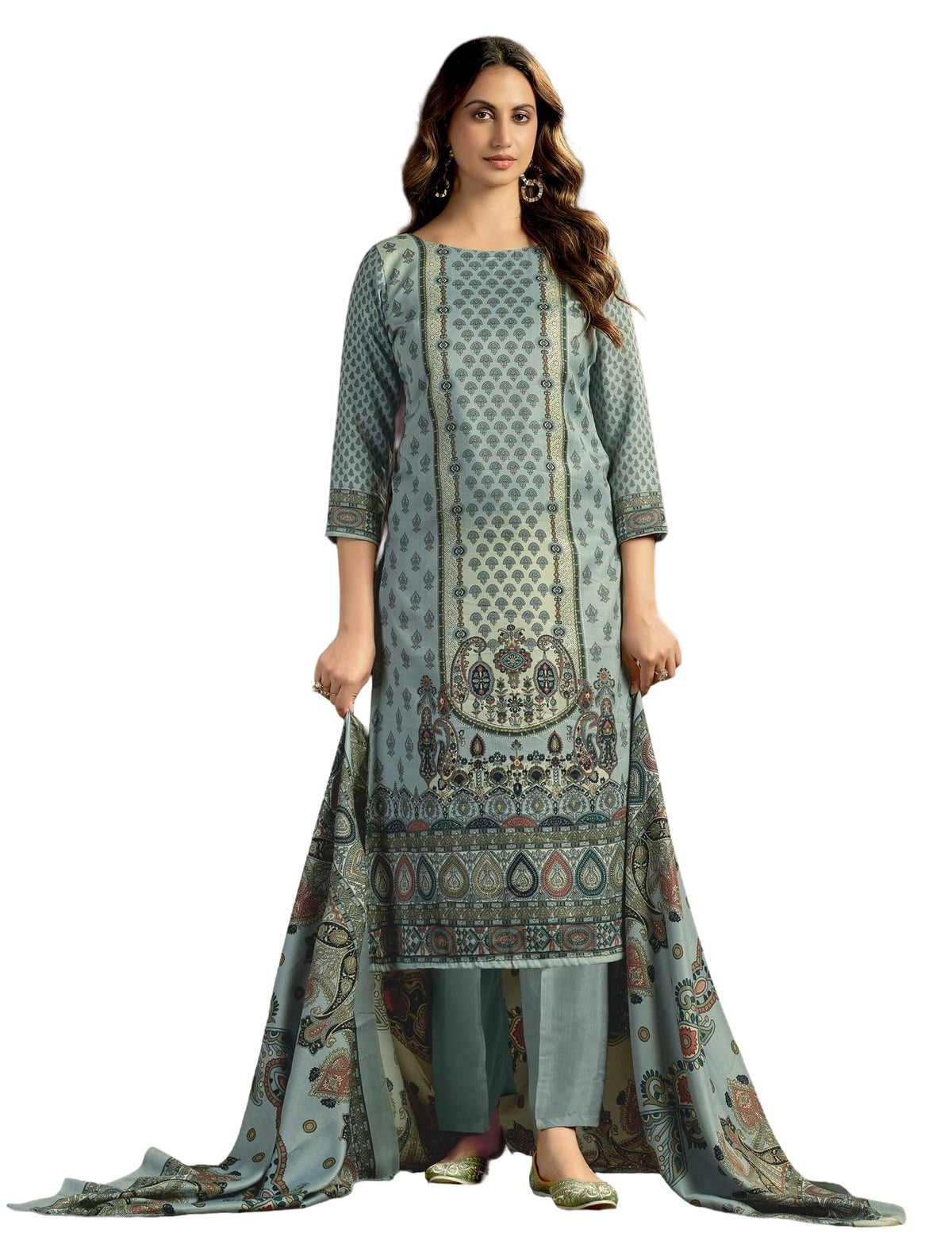 DRAVINAM Trends Women's Unstitched Kashmiri Print Woollen Pashmina Salwar Suit Dress Material with Pashmina Printed Shawl Dupatta (Free Size) (Grey)