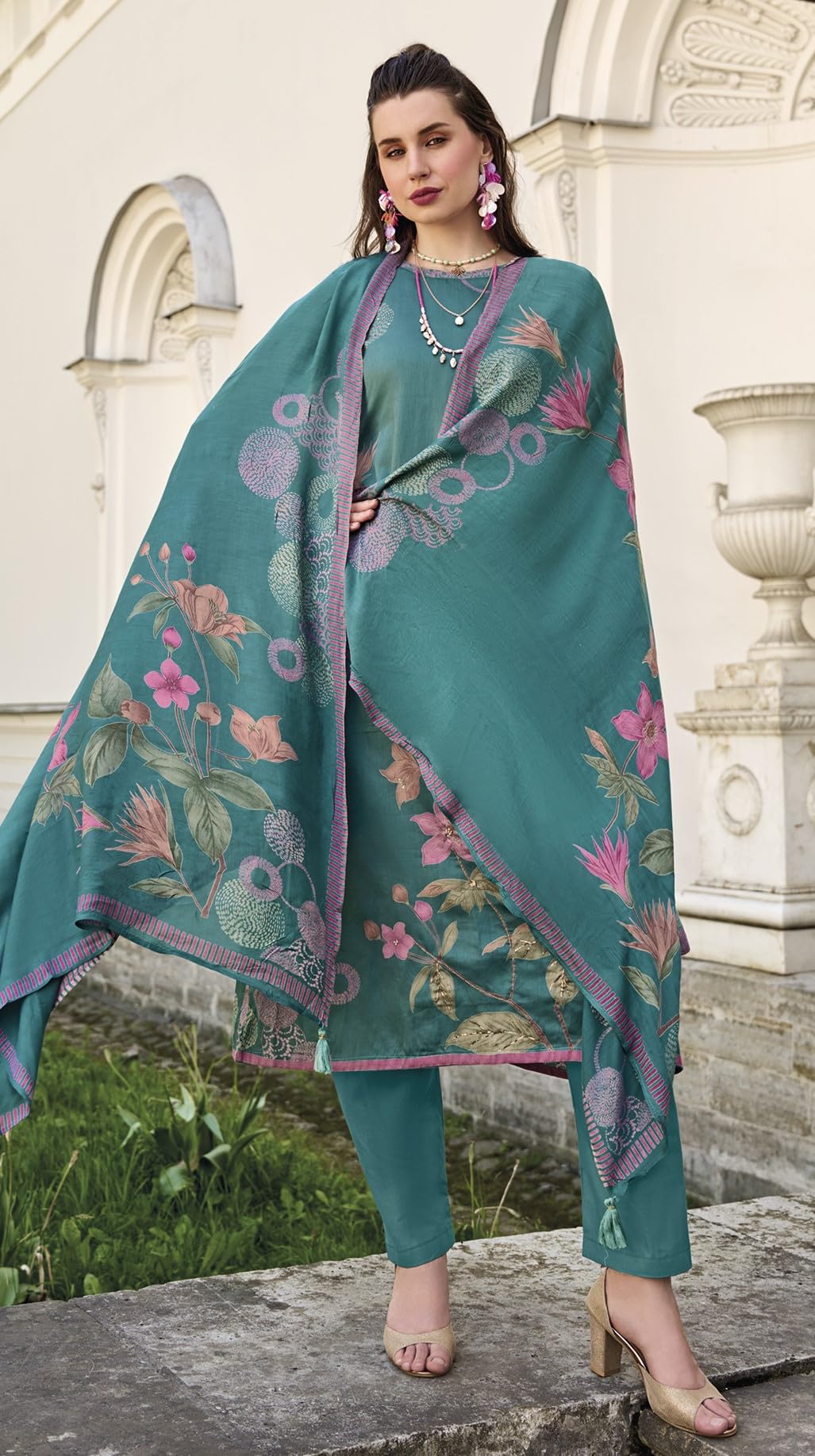 DRAVINAM Trends Women's Unstitched Salwar Suit Dress Material II Pure Jaam Silk Digital Print Hand Embroidered Kameez II Plain Unstitched Bottoms II Maslin Zari Bordered Dupatta