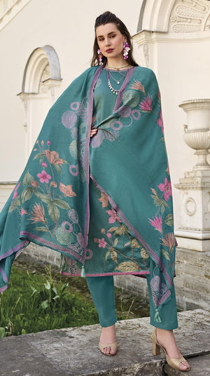 DRAVINAM Trends Women's Unstitched Salwar Suit Dress Material II Pure Jaam Silk Digital Print Hand Embroidered Kameez II Plain Unstitched Bottoms II Maslin Zari Bordered Dupatta