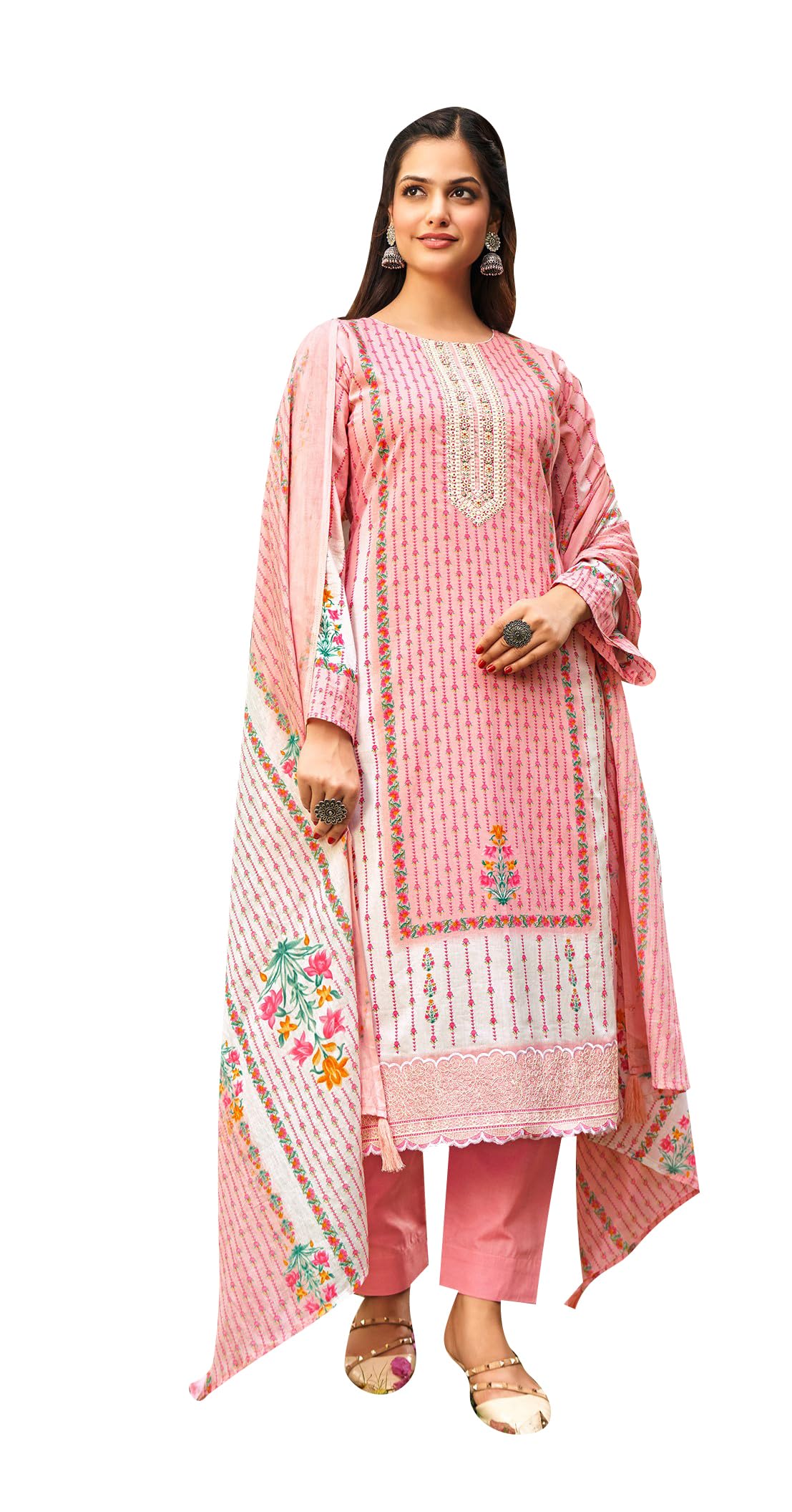 DRAVINAM Trends Unstitched Pure Lawn Camric Digital Print Neck and Daman Heavy Cutwork Embroidery Ladies Salwar suit Material with Lawn Cotton dupatta