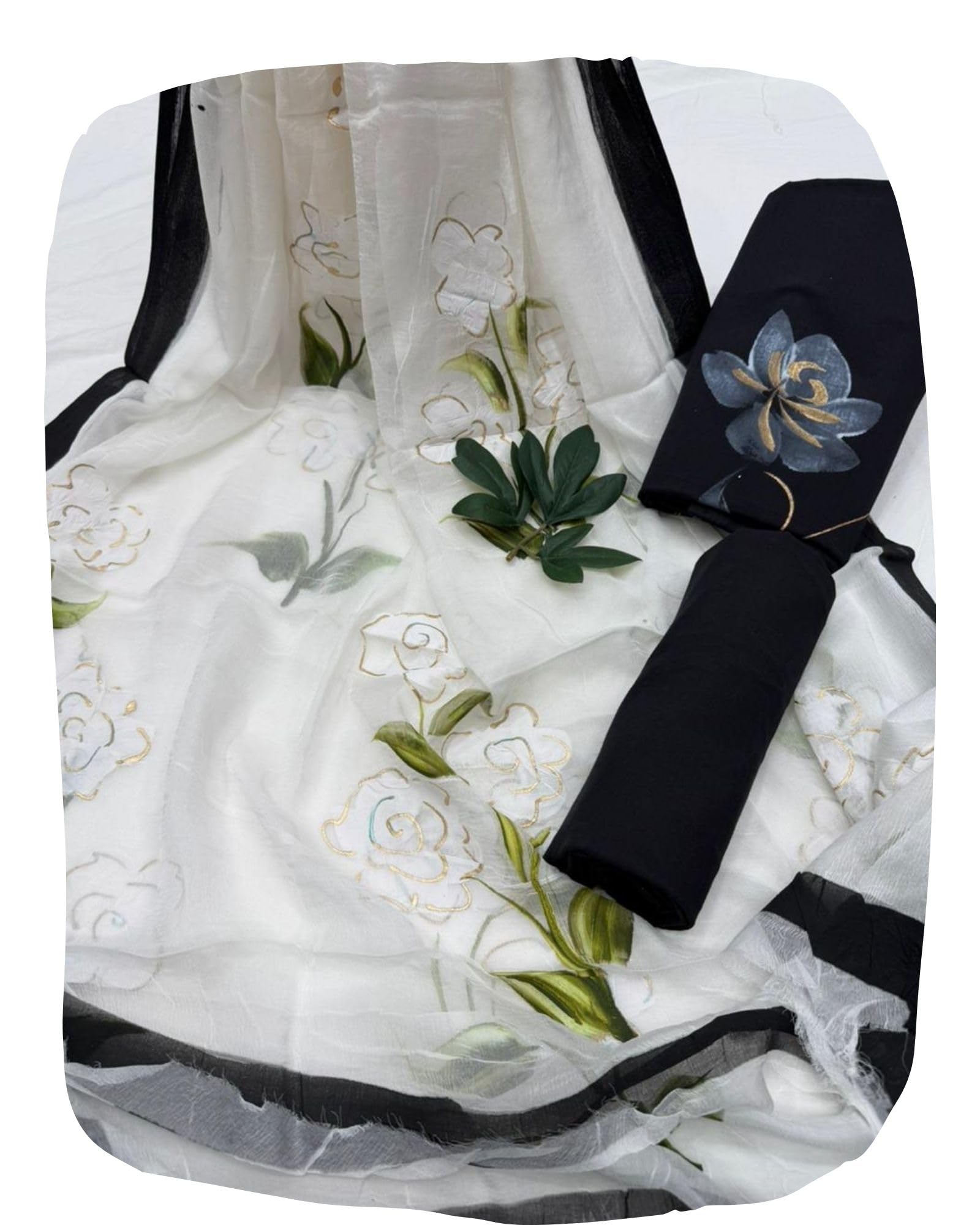 DRAVINAM Trends Women's Floral Hand Painted Unstitched Salwar Suit Dress Material with Pure Chiffon Dupatta (Blue & White)