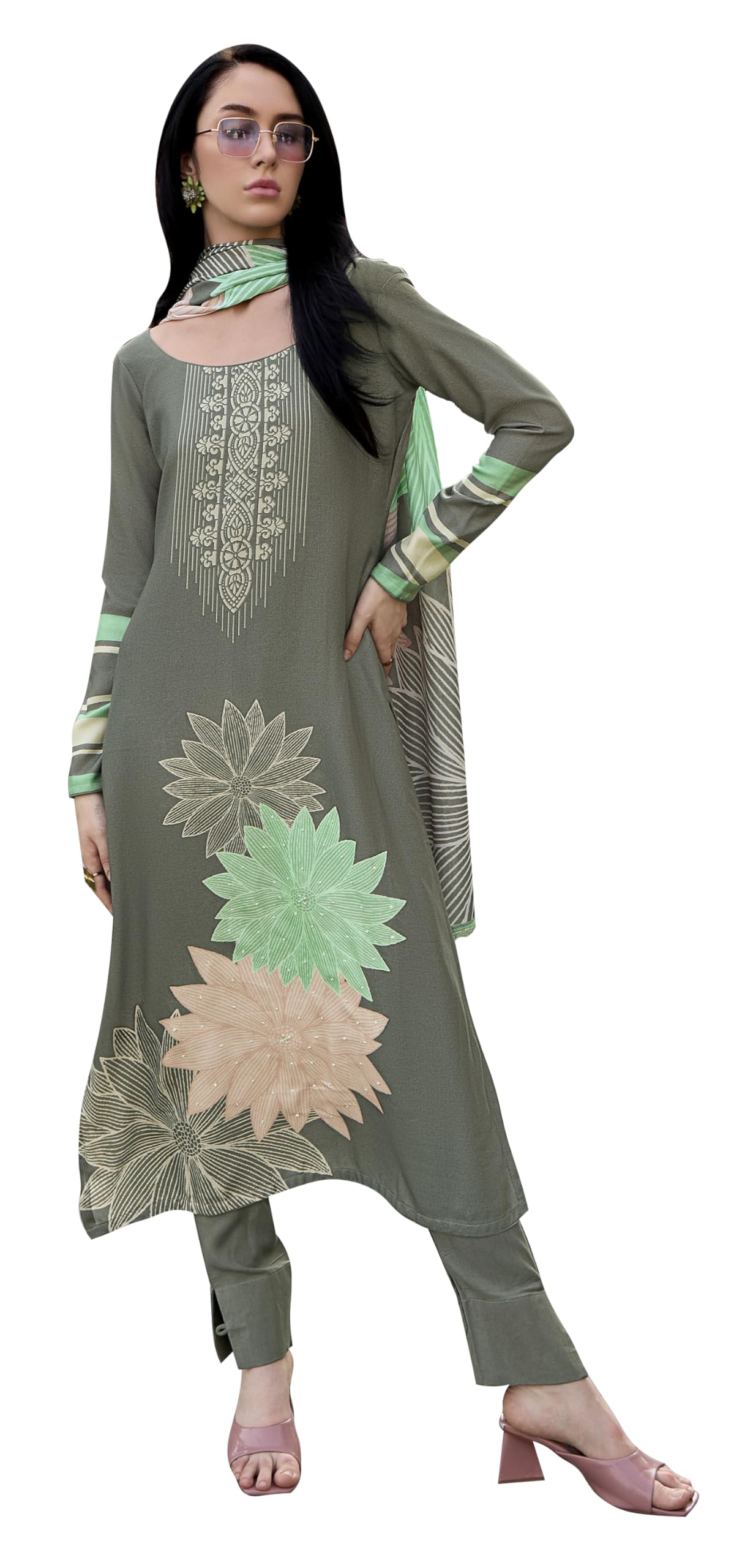 DRAVINAM Trends Women's Digital Printed Fancy Twill Wool Pashmina Winter Wear Zardosi Handwork Unstitch Salwar Suit Dress Material with Printed Shawl Dupatta