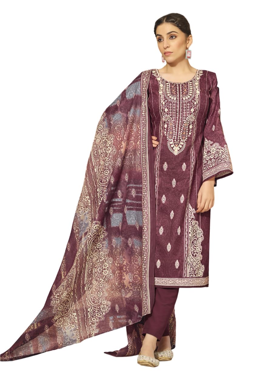 DRAVINAM Trends Unstitched Pakistani Embroidered Pure Cotton Salwar Suit Dress Materials with Cotton Dupatta