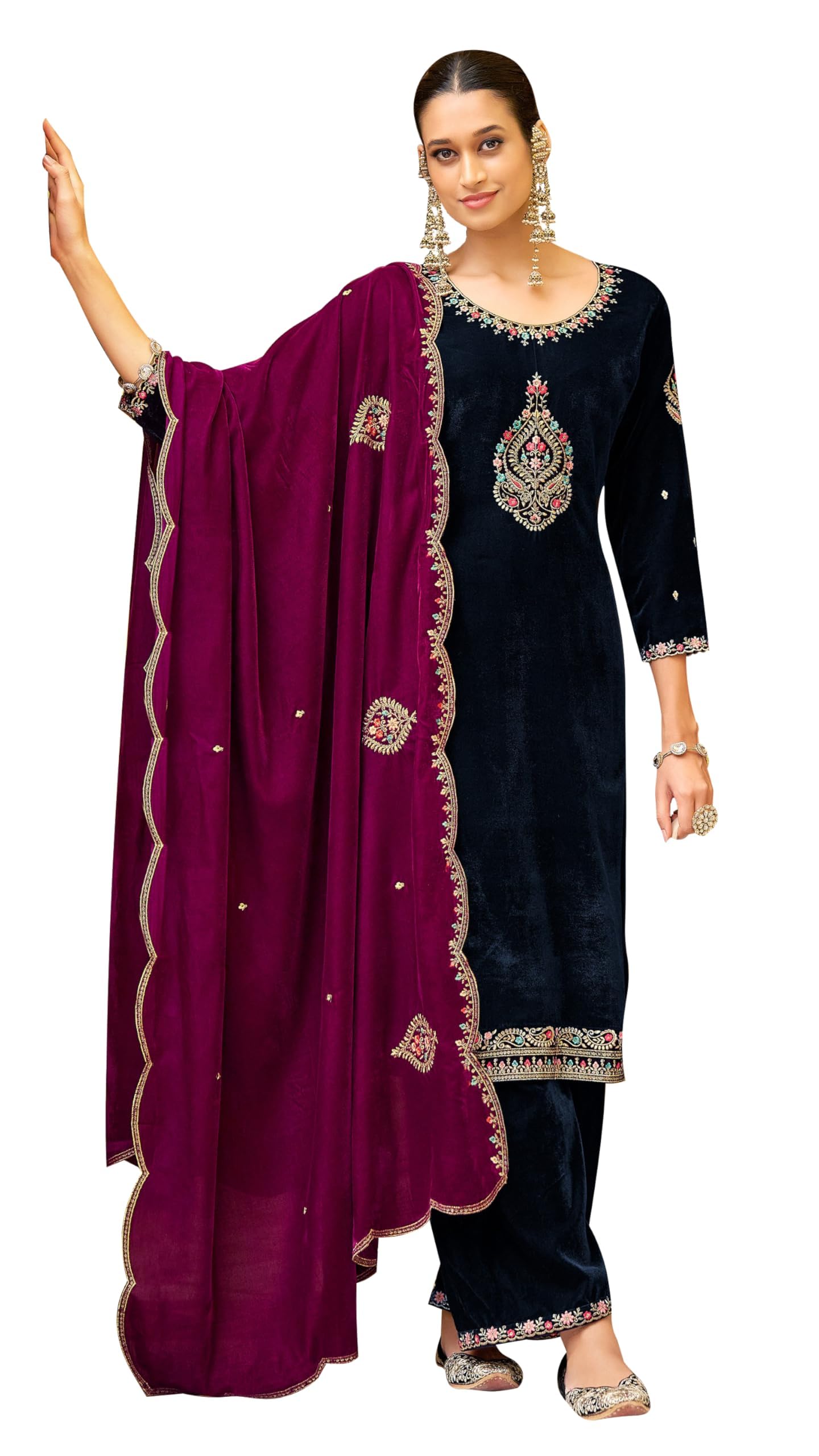 DRAVINAM Trends Women's Unstitched Premium Velvet Embroidered Salwar suit Dress Material with Embroidered Bottoms and Velvet Dupatta