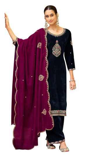 DRAVINAM Trends Women's Unstitched Premium Velvet Embroidered Salwar suit Dress Material with Embroidered Bottoms and Velvet Dupatta