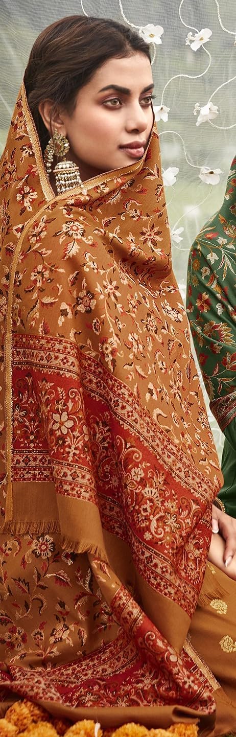 DRAVINAM Trends Women's Unstitched kanni Weaving Jacquard Woollen Pashmina Salwar Kameez Dress Material with Pure Wool Pashmina Kaani Weaving Shawl Dupatta (Free Size)