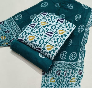 DRAVINAM Trends Unstitched Jaipuri Handmade Wax Batik Print Premium Cotton Dress Material with Pure Chiffon Dupatta