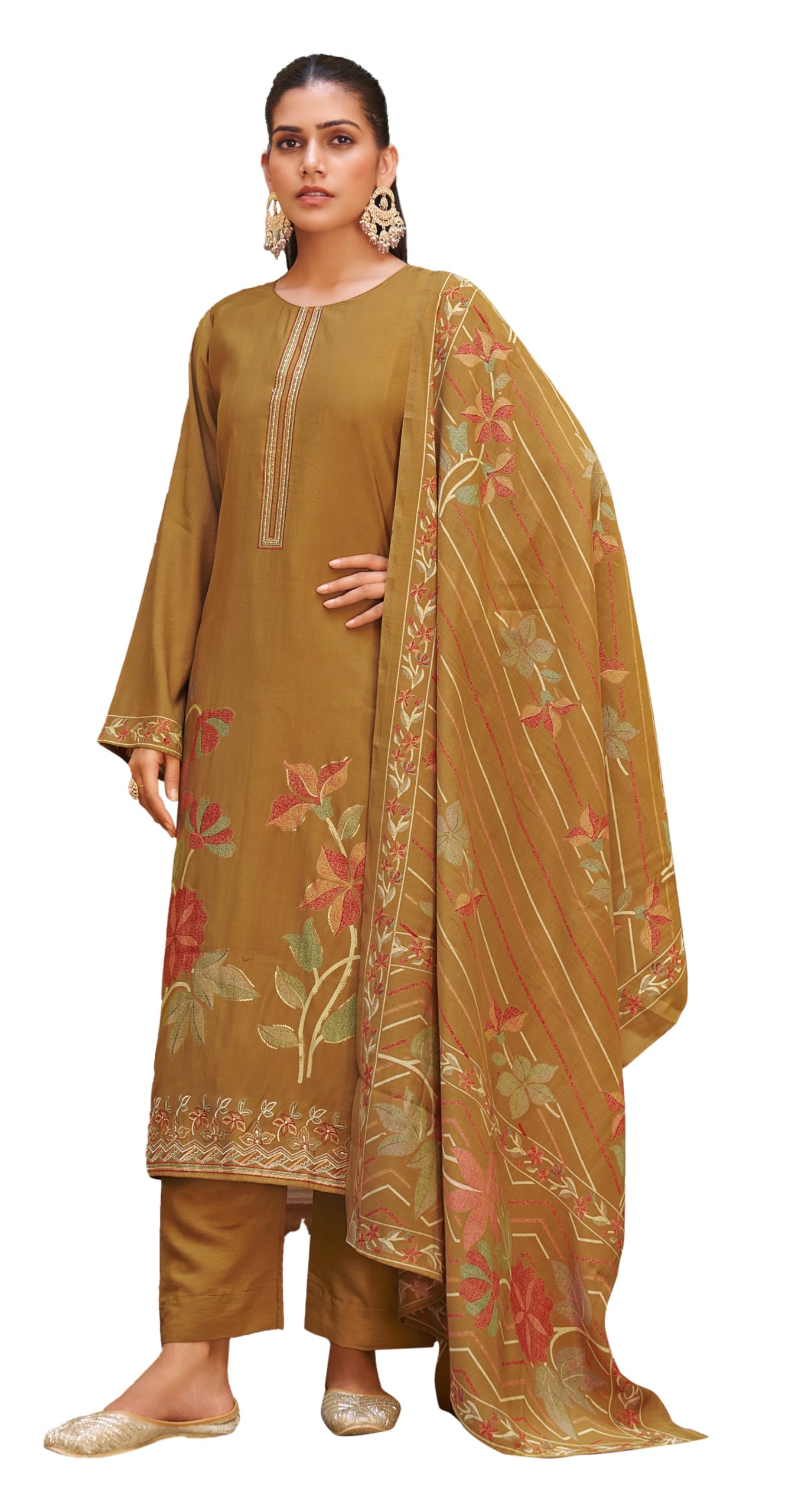 DRAVINAM Trends Women's Unstitched Salwar Suit Dress Material Pure Viscose Maslin Digital Foil Print Embroidered Kameez Plain Unstitched Bottoms and Maslin Digital print Dupatta