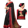 DRAVINAM Trends Women's Woven Pure Linen Printed Saree with Embroidered Blouse Piece (Black and Red)