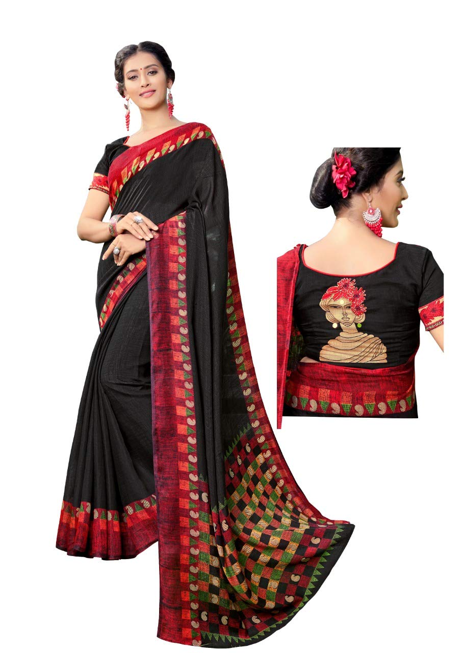 DRAVINAM Trends Women's Woven Pure Linen Printed Saree with Embroidered Blouse Piece (Black and Red)