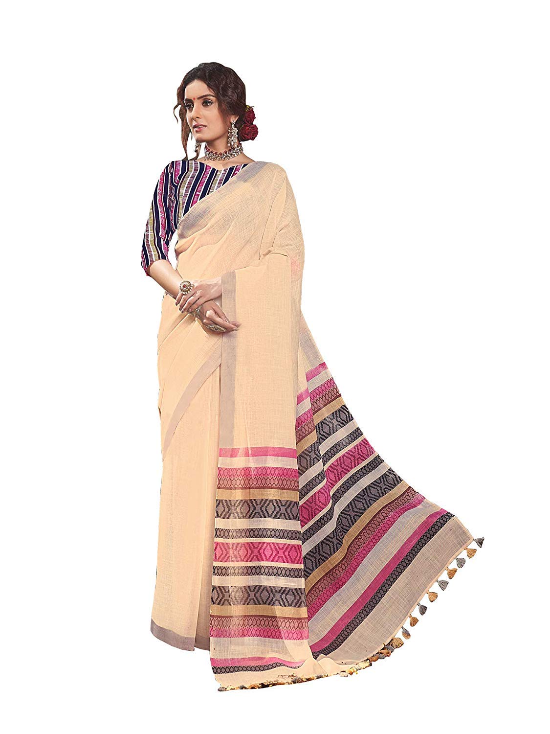 DRAVINAM Trends Women's Khadi Linen Saree With Blouse Piece (SareePL_9_Beige & Pink)