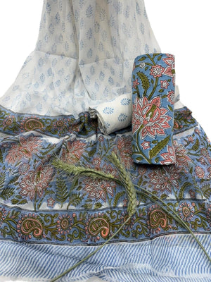 DRAVINAM Trends Hand Block Print Cambric Cotton Unstitched Salwar Suit Set for Women with Pure Chiffon Hand Printed Dupatta