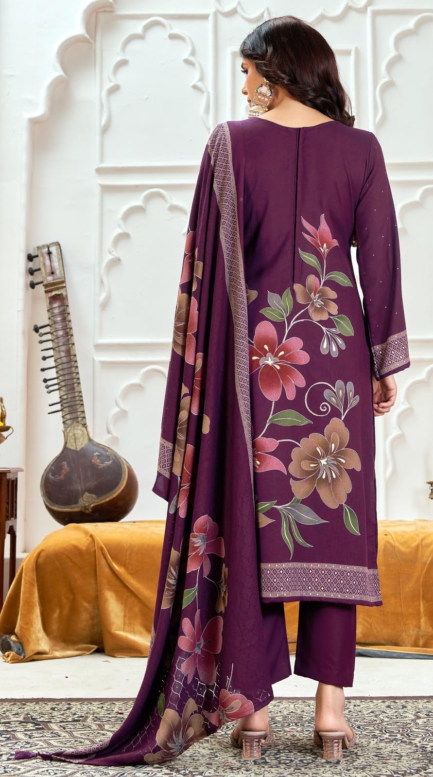 DRAVINAM Trends Complete Unstitch Pashmina Suit Set: Pure Viscose Pashmina Foil Print Top with Fancy Embroidery (2.5 m) II Solid Bottoms (2.8 m) II Digital Print Shawl Dupatta (2.25 m)