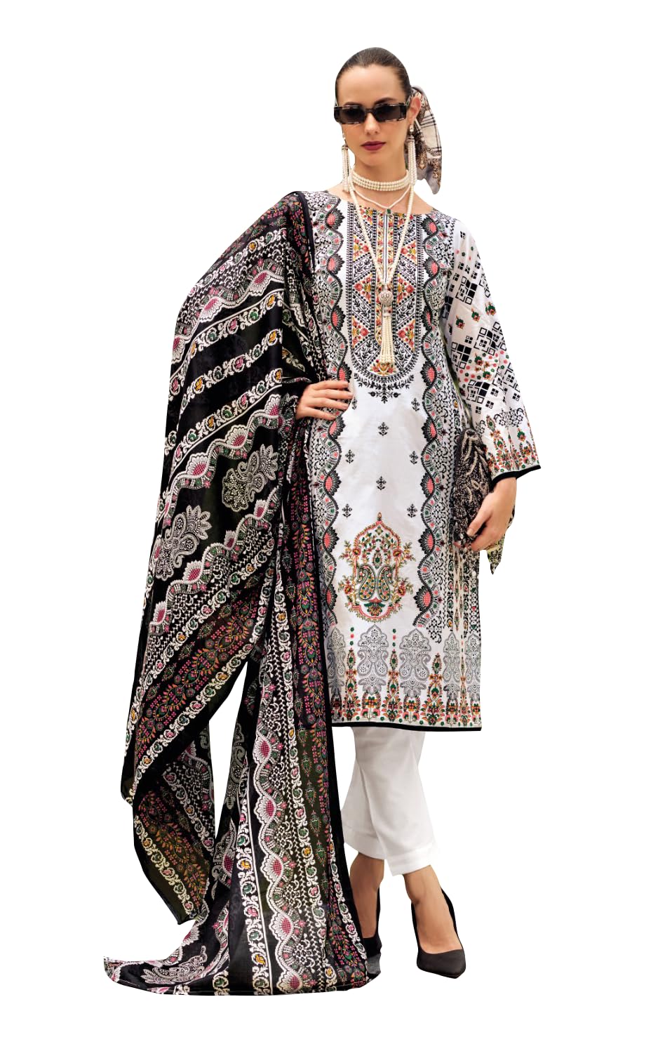 DRAVINAM Trends Kurti 2.50 mtrs, Pure Cotton (3 mtrs apx), Pure MAL MAL Cotton Dupatta Digital Print|Black 1