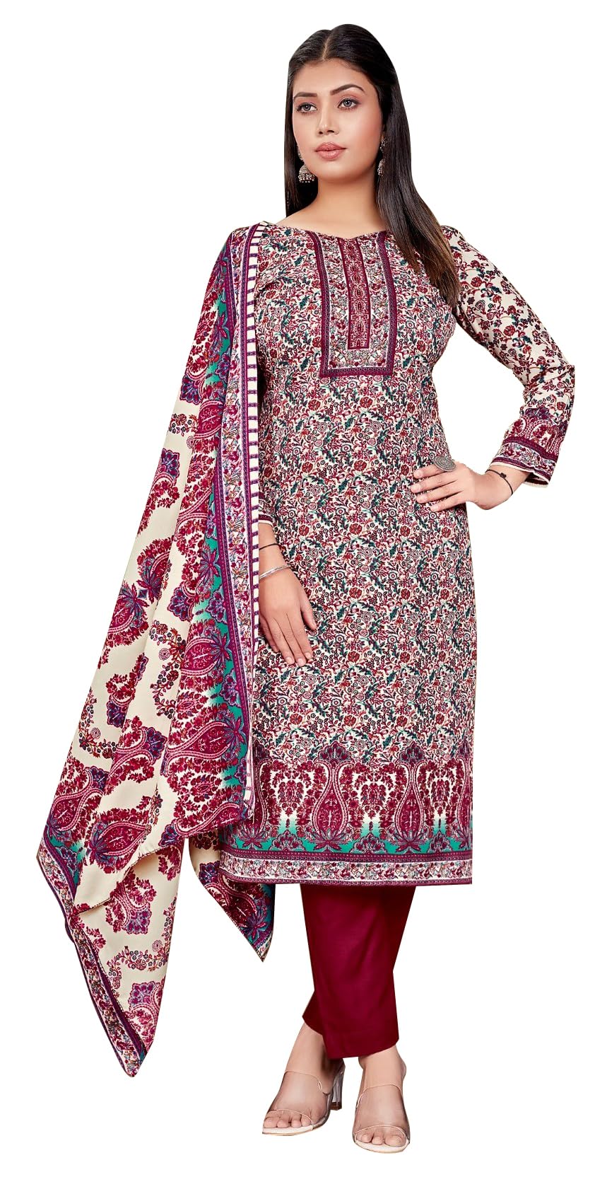 DRAVINAM Trends Women's Kashmiri Kani Printed Woolen Pashmina Unstitch Salwar Suit Dress Material with Printed Woolen Warm Shawl Dupatta