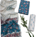Premium Hand Block Printed Pure Cotton 3-Piece Unstitched Suit Material - Teal, Blue & Floral
