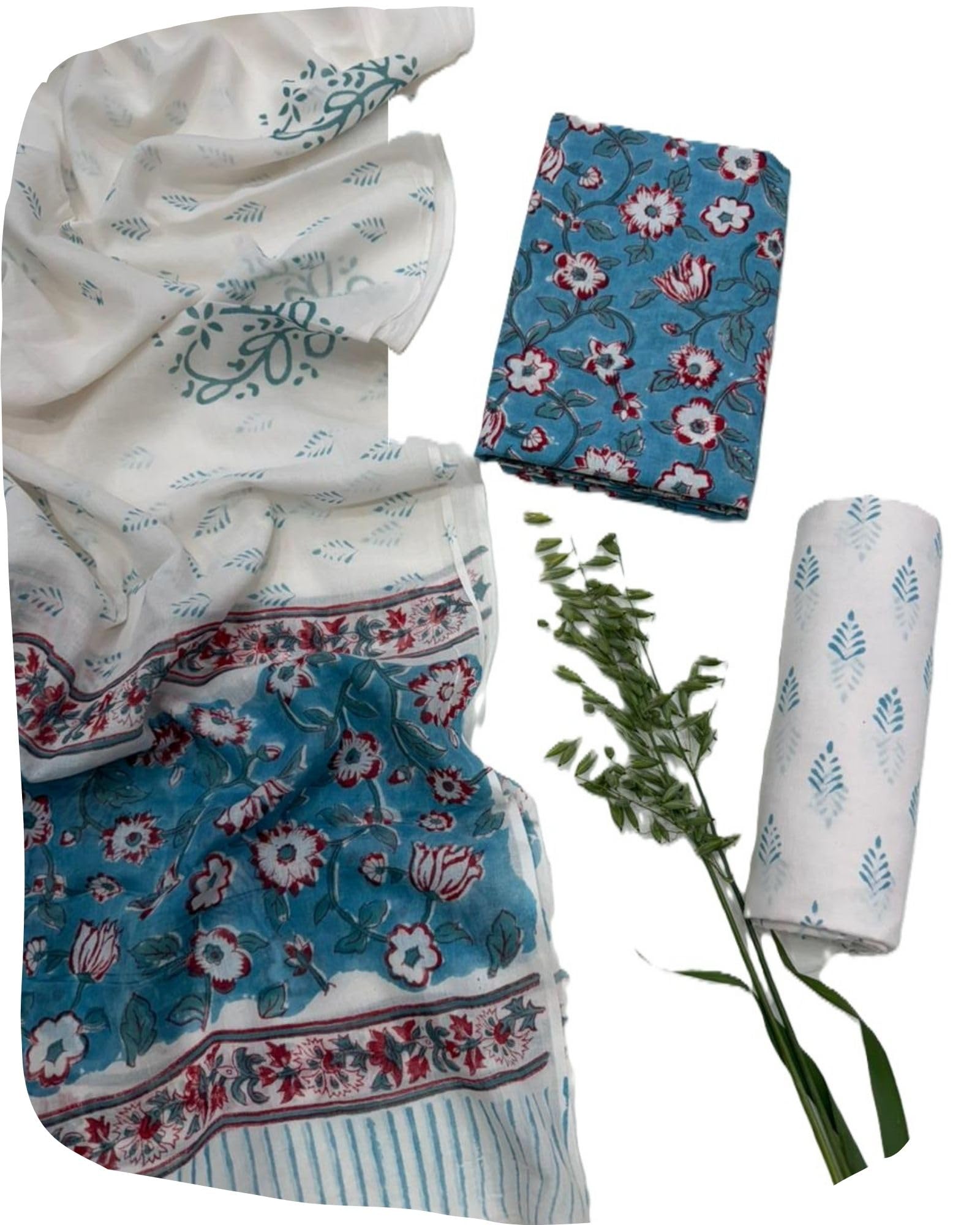 Premium Hand Block Printed Pure Cotton 3-Piece Unstitched Suit Material - Teal, Blue & Floral