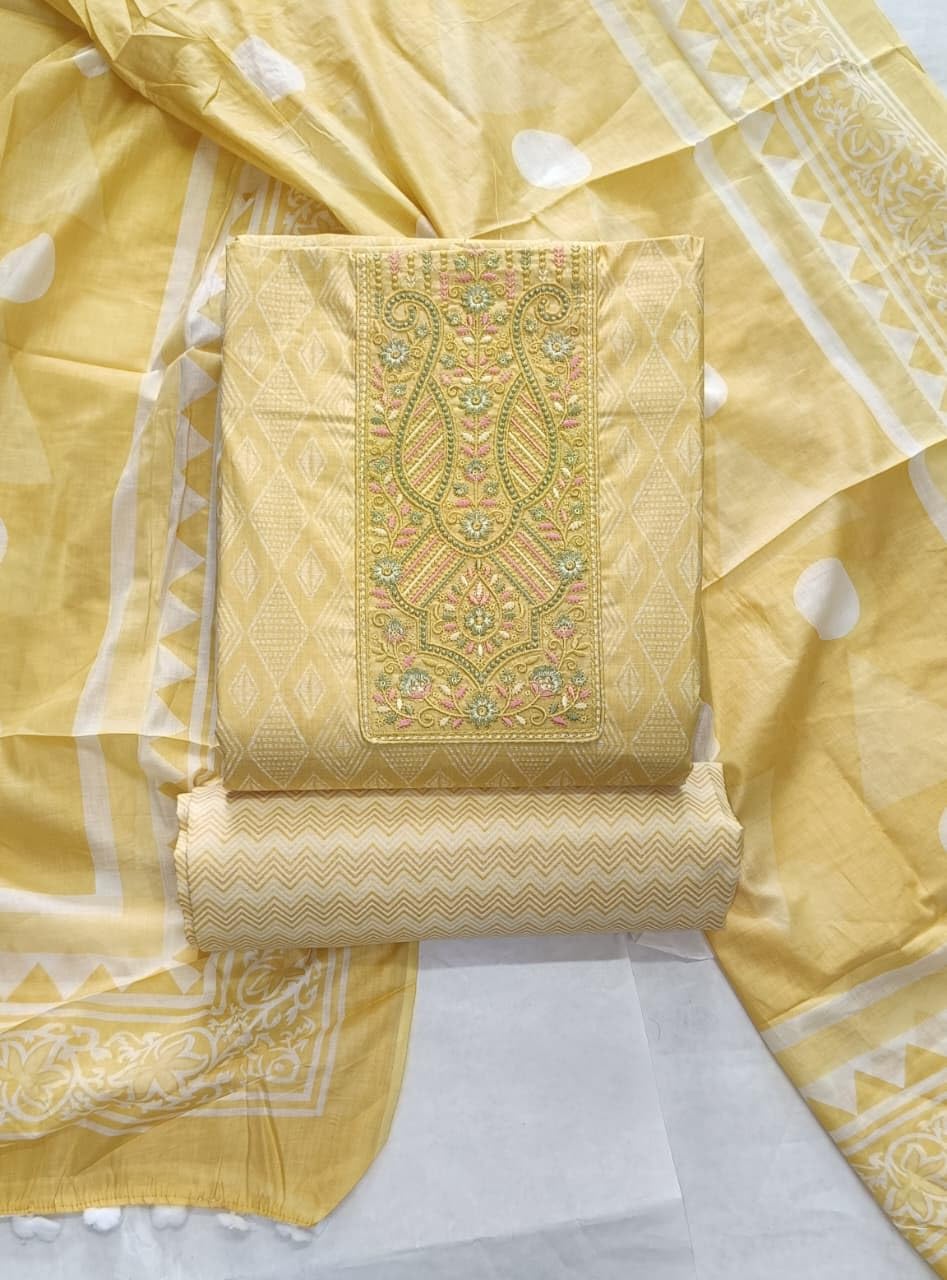 DRAVINAM Trends Women's Premium Cotton Jaipuri Printed Embroidered and Hand Work Unstitched Salwar Suit Dress Material with Mulmul Cotton Dupatta