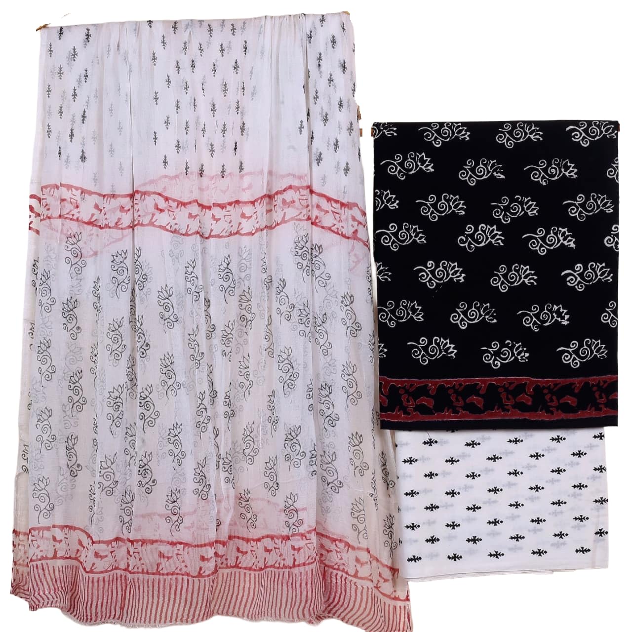 Hand Block Print Pure Cambric Cotton Unstitched Suit Material with Chiffon Hand Printed Dupatta