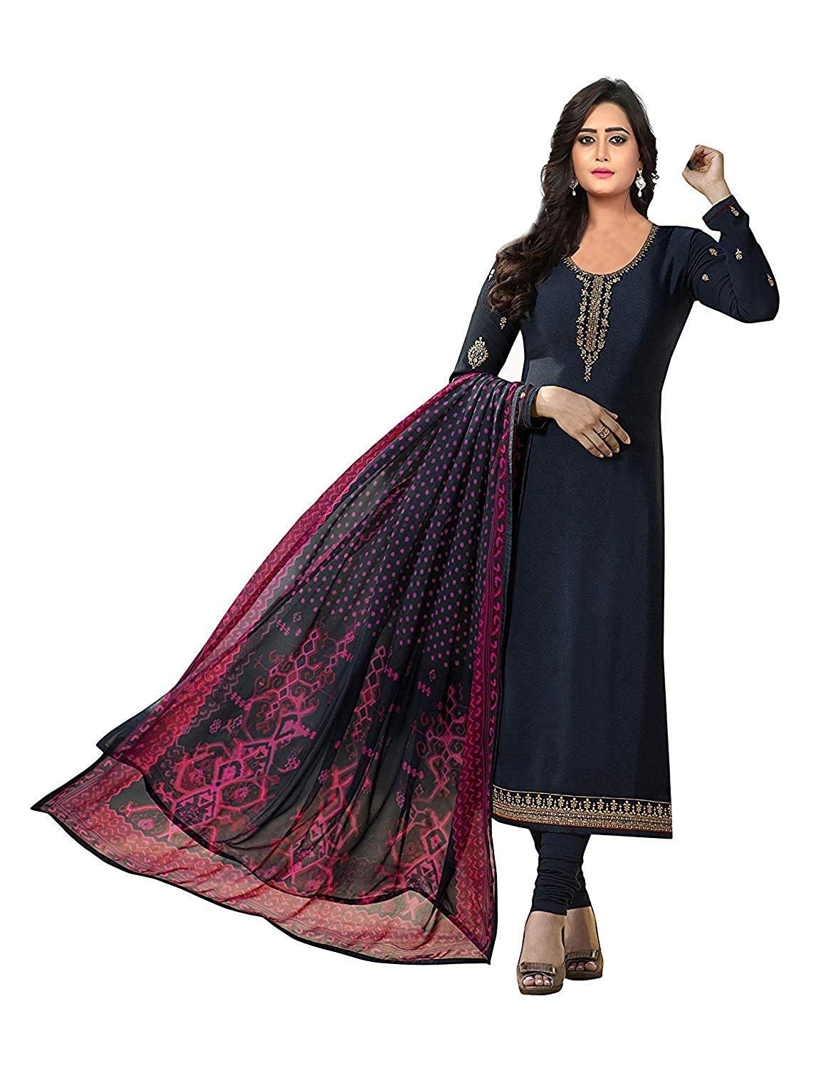 DRAVINAM Trends Women's Crepe Embroidered Chudidaar Dress Material (Free Size_Grey)