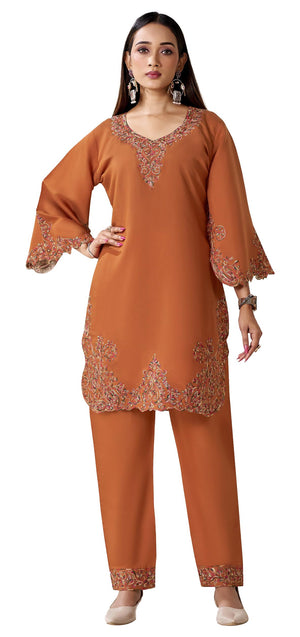DRAVINAM Trends Women's Stitched Kashmiri Embroidered Pure Roman Silk Co-ord Set II Top II Pants (L / 40)