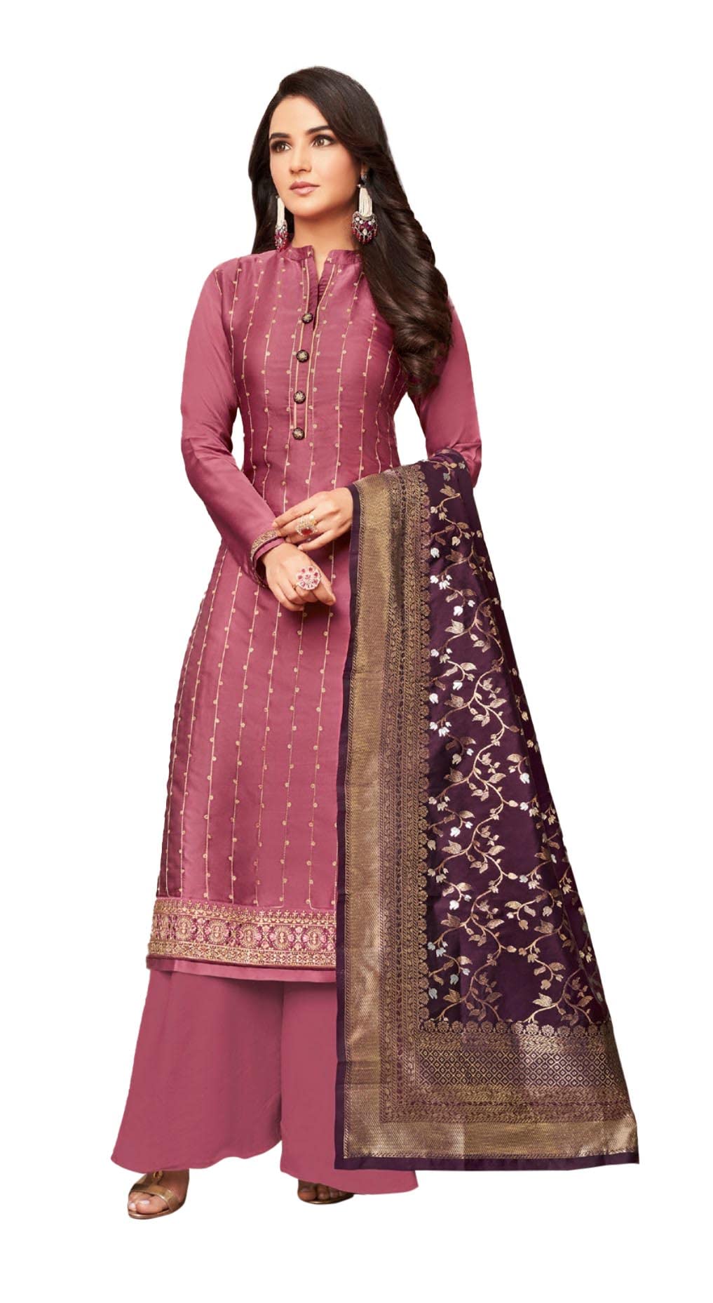 DRAVINAM Trends Women's Heavy Modal Satin Silk Sharara Style Pakistani Embroidered Salwar Suit Dress Material with Double Zari Jacquard Silk Banarasi Dupatta (Rust)
