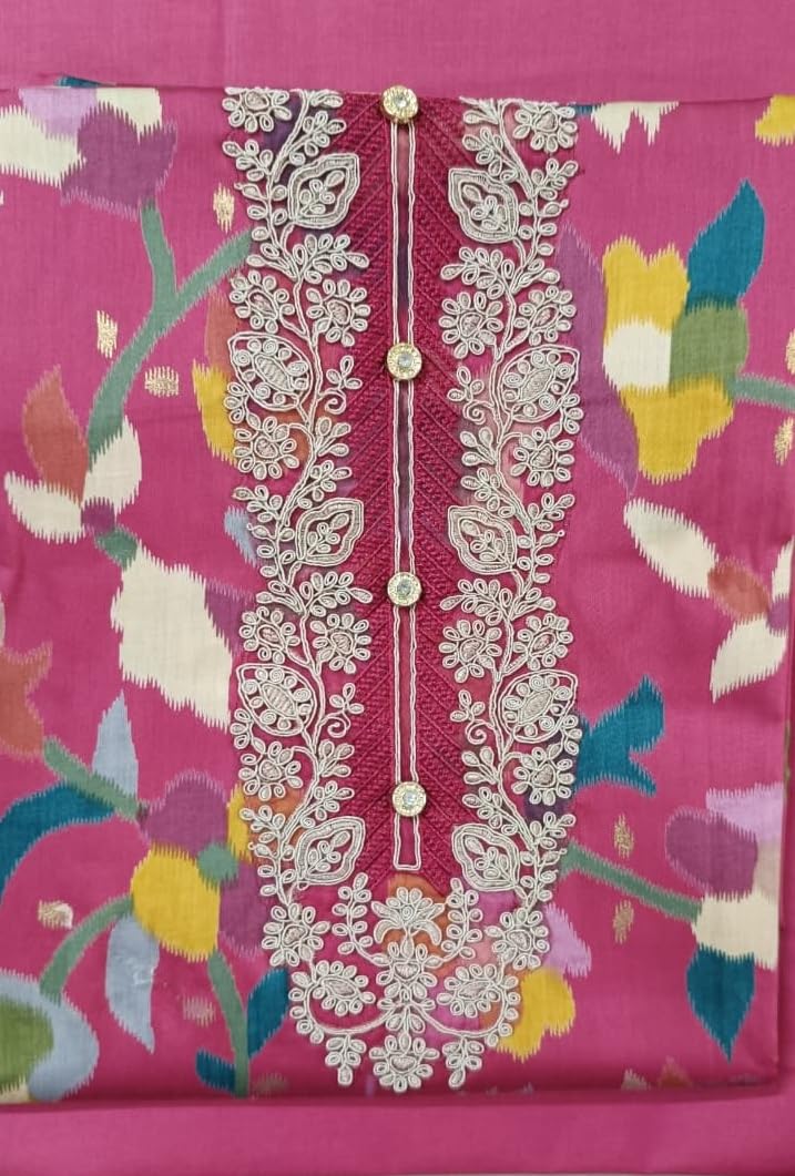 DRAVINAM Trends Women's Dark Pink Unstitched Salwar Suit Dress Material | Intricate Embroidered Neckline & Multi-Color Floral Design | 3-Piece Set (Kurta, Bottom, Dupatta)