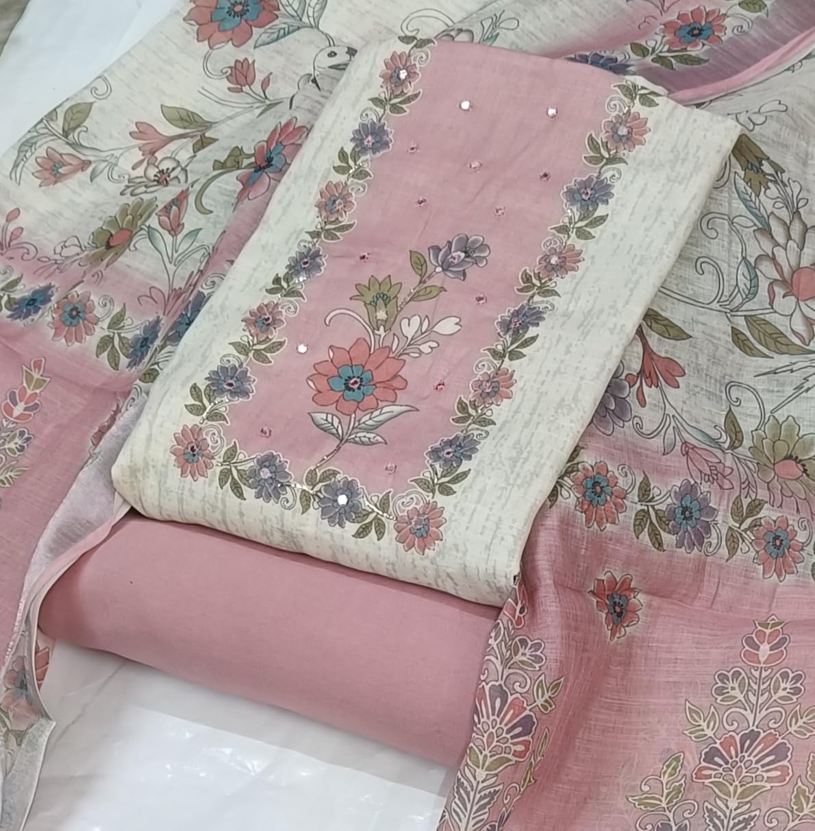 DRAVINAM Trends Women's Premium Pure Linen Floral Printed Unstitched Salwar Suit Dress Material with Dupatta