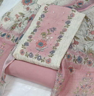 DRAVINAM Trends Women's Premium Pure Linen Floral Printed Unstitched Salwar Suit Dress Material with Dupatta